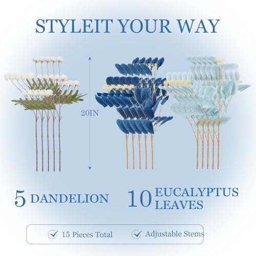 Dallisten Fake Flowers for Vase, 15 pcs Faux Silk Pompom Mum Artificial Flowers with Eucalyptus Stems, Mini Floral Long Stem Arrangements for Home Decor, Wedding, Table Centerpieces DIY Floral Designs - color: Navy Blue+light Blue+white