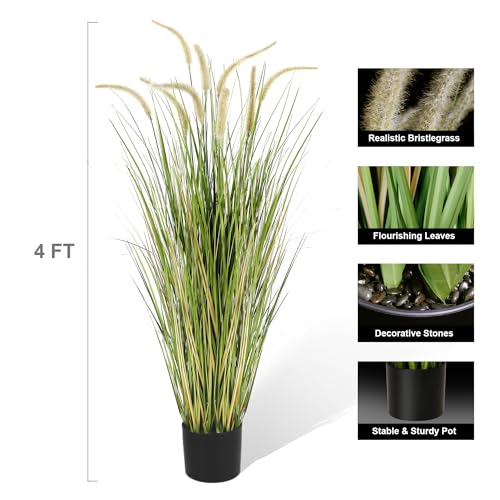 KOL Artificial 4ft Horsetail Reed Grass, 47.2in Artificial Indoor Outdoor Fake Grass Plant, Home Office Wedding Decorative Artificial Plants & Flowers in Pot Faux Plant Greenery, Housewarming Gift - size: 4FT