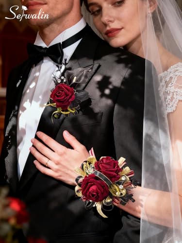 Serwalin Burgundy Prom Corsage and Boutonniere Set, Artificial Calla Lily Red Rose Wrist Corsage Wristlet for Wedding, Homecoming, Formal Dance, Party Flowers Accessories Suit Decorations - color: Black Burgundy