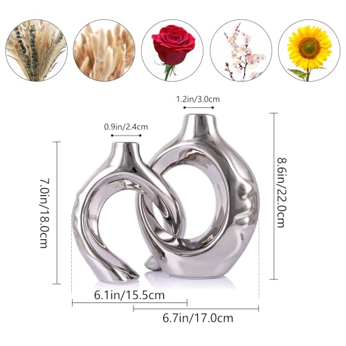 LCCCK Gold Ceramic Vases for Home Decor, Boho Vase for Flowers Pampas Grass Decorative, Hollow Donut Small Vase for Living Room Table Wedding Centerpiece Modern Vases (Silver) - color: Silver