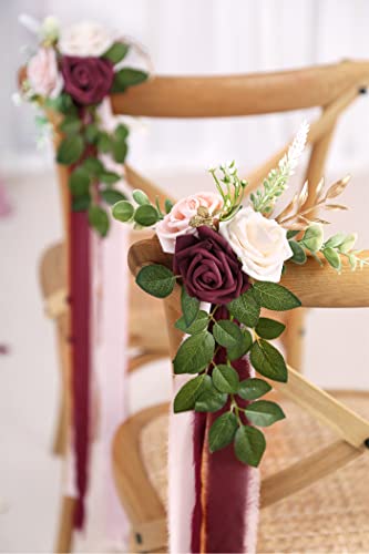 Wedding Aisle Decorations for Wedding Ceremony Set of 10 Pew Flowers for Church Chair Decorations Party Decor with Artificial Flowers Eucalyptus and Ribbons Burgundy - color: New Burgundy