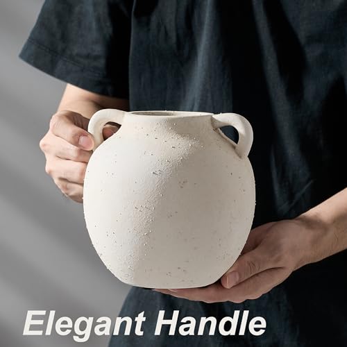 PORCER Ceramic Vase, 5.8 Inch Terracotta Vase with Handles, Boho Decor Decorative Vase, Rustic Vase for Home Decor, Farmhouse, Living Room, Table - Beige - color: Beige-5.8''