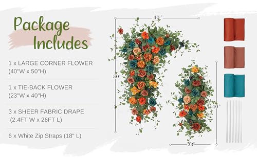 Wedding Arch Flowers with Drapes Kit (Pack of 5) - 2pcs Artificial Teal Orange Fall Deluxe Swag with 3pcs Sheer Drapes for Wedding Ceremony Arbor Reception Backdrop Rose Floral Decoration - color: Dark Teal & Burnt Orange