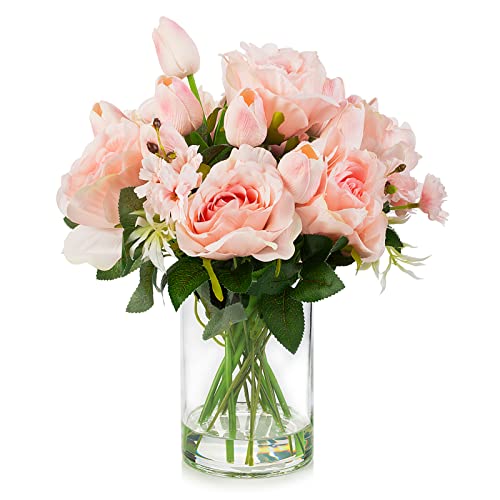 ENOVA FLORAL Pink Tulip Artificial Real Touch Flowers in Vase, Mixed Fake Tulips Fake Flowers and Silk Rose Artificial Flowers with Vase for Dining Table Decoration (Pink) - color: T& Rose Pink