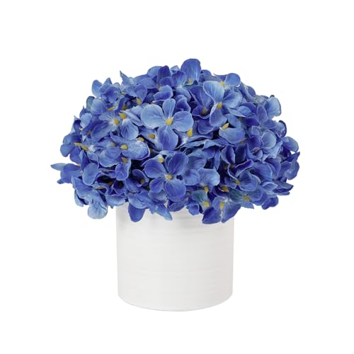Blue Hydrangea Fake Flowers in Vase, Artificial Flowers with Ceramic Vase, Small Faux Potted Floral Arrangements for Home Bathroom Kitchen Office Coffee Table Wedding Party Centerpiece Decor & Gift - color: Hydrangea, Blue
