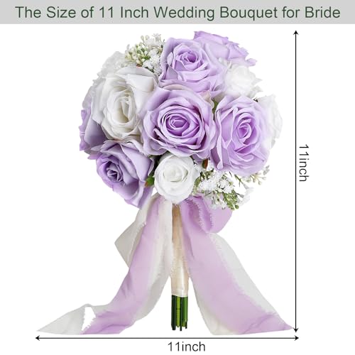Wedding Bouquet for Bride - Premade Simple Artificial Roses Flowers for Bridal Shower Destination Ceremony Anniversary Decorations (Lilac & White) - color: Lilac & White