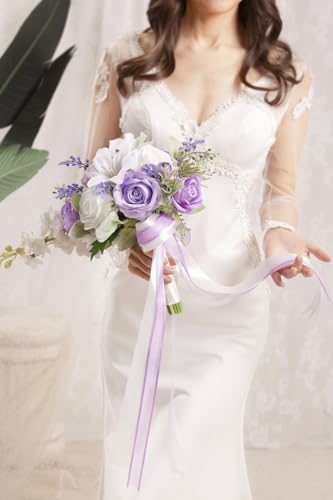 Bridal Bouquet Cascading, Lilac Purple & White Wedding Bouquets for Bride Bridesmaid 10" Artificial Flowers Bouquet for Wedding Decor - color: Lilac Purple & White