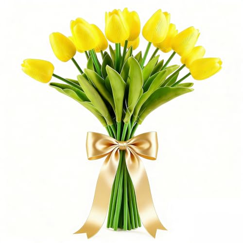 Artificial Tulips Bridal Wedding Festival Decor Bouquet Real Touch PU Flower Bouquet Pack of 20 (Yellow) - color: Yellow