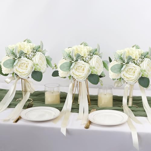 Set of 2 Bridesmaid Bouquets for Wedding - Silk Artificial Ivory Bridesmaid Flowers, Pre-Made Roses Sage Green Boho Bridal Floral for Bride Party Ceremony Anniversary Decoration - 9inch - color: White-2, size: Set of 2 Bridesmaid Bouquets