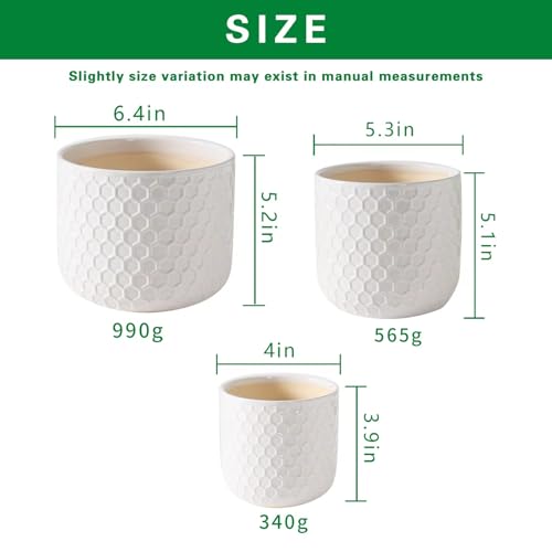 Docrin Plant Pots Indoor with Drainage: 6.4+5.3+4 Inch Ceramic Flower Pots for Plants - Set of 3 Modern Decorative Planters for House/Office/Gift - White Honeycomb - color: Milky White