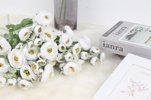 Ranunculus Artificial Flowers 5PCS Faux Peonies White Silk Ranunculus Flowers with Stems 21.65" Real Look Fake Flowers Bulk for DIY Wedding Bridal Shower Table Centerpieces Home Decor(White) - color: White