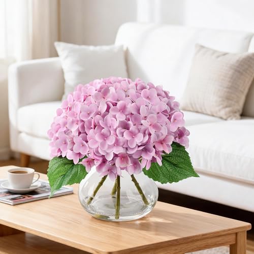Real Touch Faux Hydrangea Flowers in Glass Vase, No Watering Needed Silk Hydrangea Artificial Flowers for Farmhouse Wedding Decor Dining Table Centerpiece Bedroom Decor - color: Pink
