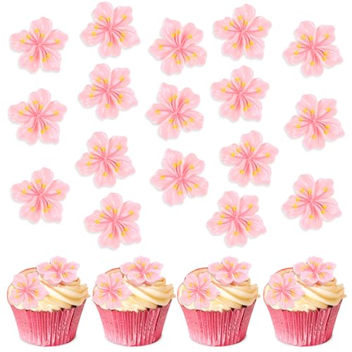 20Pcs Resin Cherry Blossom Cupcake Toppers Pink Flowers Cake Decors for Spring Cherry Blossoms Bridal Engagement Baby Shower Birthday Party Flower Table Confetti Decorations - color: Cherry
