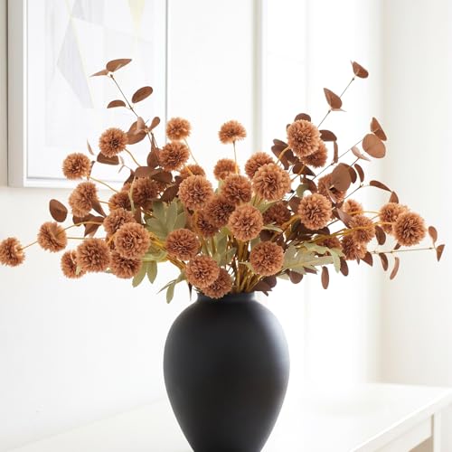 RyddeligHome Brown Mums Artificial Flowers, 10 Faux Mum Stems with 2 Eucalyptus Branches, Realistic Fall & Winter Floral Arrangement for Vases, Brown Centerpieces for Tables - color: Brown