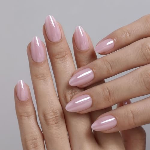 32Pcs Soft Gel Press on Nails for Women, Pink Chrome, Short Almond | Glazed Donut Aurora False Fake Nails Press Ons for Office Daily Wear, Salon Quality Reusable Glue & Stick on Nail Gift Kit - color: 2D-Pink Chrome
