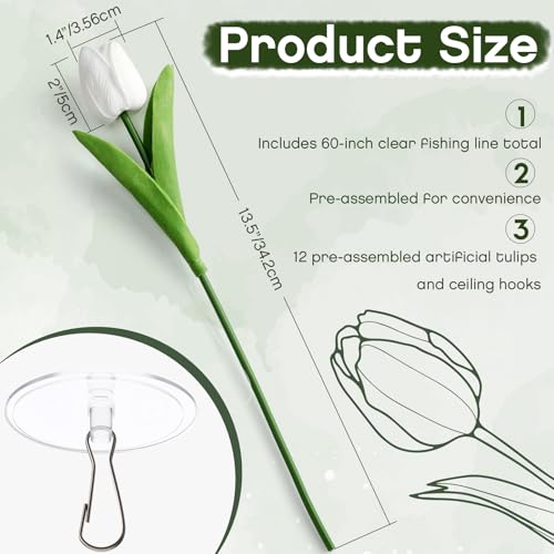 12 Pack White 5 ft Artificial Tulips Hanging Flower Garland Decorations Spring Summer Dangling Faux Tulip Floral Vine Strings with Hooks for Wall Ceiling Wedding Tea Party - color: White