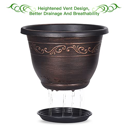 Plastic-Plant-Flower-Planters-8 Inch With Drainage Hole & Saucer, 6 Packs Lightweight Small Resin Flower Pot Indoor Outdoor, Retro Antique Imitation Decorative Garden Containers Sets For Houseplants - color: 6 Pack-8 Inch