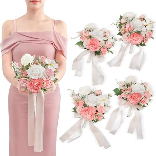 TINGE TIME CoralPink Bridesmaid Bouquets Set of 4 7 Inch Wedding Bouquets Artificial Silk Flowers Bridal Bouquets for Bridesmaids, Wedding Decor, Anniversary, Party - color: Coralpink&white