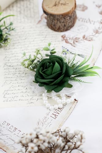 Ansofi Green Corsage and Boutonniere Set Artificial Rose Flower Wrist Corsage and Boutineers for Groom Groomsmen Bride Bridesmaids Prom Rustic Vintage Wedding Decor - color: Green