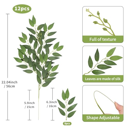 12PCS Artificial Ficus Leaves Stems Fake Flowers Greenery Filler Faux Hanging Green Leaf Plants Spray for Flower Arrangements, Floral Bouquet Wedding Faux Greenery Stems Silk Foliage Branches(Small) - color: 12pcs-small Ficus