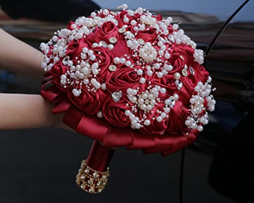Burgundy Bridal Wedding Bouquet with Rhinestone Brooch Pearl Bouquet for Bride Bridesmaid Quinceanera Satin Red Rose Flower Bouquet Wedding Burgundy 8.7in - color: Burgundy (Standard Size: Dia.8.7")