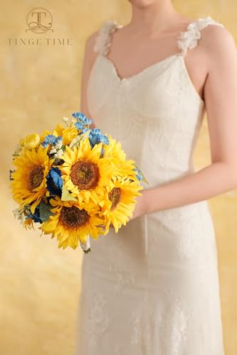 TINGE TIME 9 pcs Sunflowers Artificial Flowers, 6'' Silk Fake Sunflowers with Stems, Yellow Faux Sunflowers for DIY Outdoors Decor Home Decor Tables Centerpieces - color: Yellow