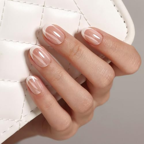 32Pcs Soft Gel Press on Nails for Women, White French, Short Oval | Glazed Donut Aurora False Fake Nails Press Ons for Office Daily Wear, Salon Quality Reusable Glue & Stick on Nail Gift Kit - color: 5J-White French