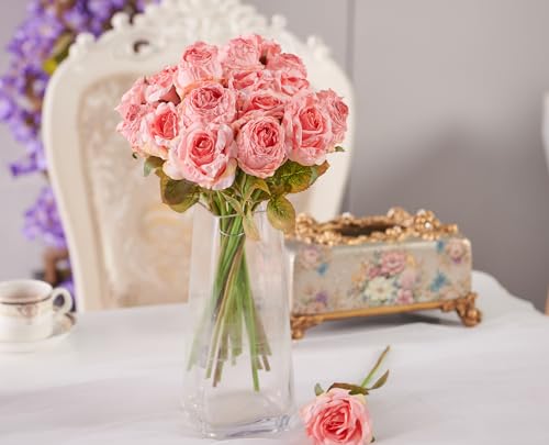 PONKING Rose Artificial Flower 12pcs Realistic Faux Silk Roses Fake Flowers Bouquets Arrangements Decor for Wedding Spring Mother's Day, Home Table Decorations, Pink Flower - color: A 12pcs Pink Rose