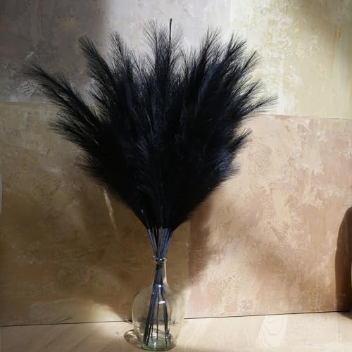 Faux Pampas Grass Tall, 9 PCS 43''/ 110 cm Large Black Pampas Grass Decor, Fake Pompas Branches, Long Feathers for Floor Vase, Boho Flower Arrangement for Home Wedding Decor (Black) - color: Black