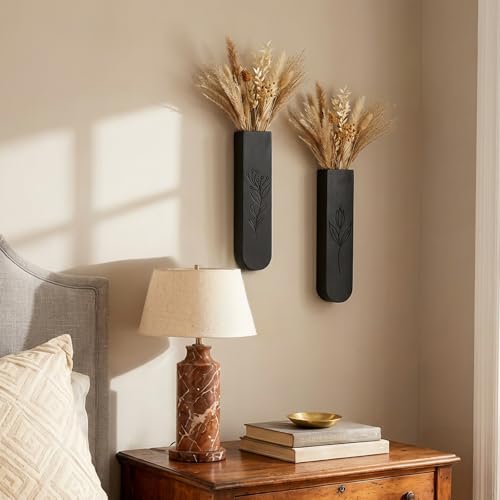 Wood Wall Vase Set of 2, 11.6 x 2.52 x 1.37 inch for Dried Flowers and Faux Greenery Plants for Bathroom,Kitchen,Farmhouse,Dining Room Wall Decor （Black - color: Black