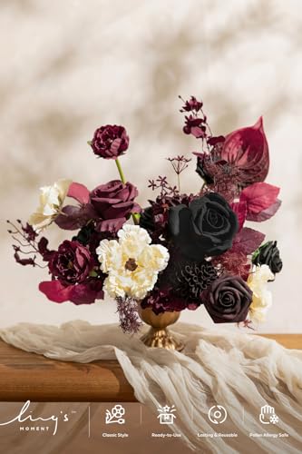 Ling's moment Fake Flowers Box, Faux Artificial Greenery Stems Foam Roses Dahlia Anthurium Silk Hydrangea Fabic Flower for Centerpieces Bouquet Wedding Vase Decorations, Burgundy & Black, Grand Combo - color: Red-burgundy & Black, size: Grand