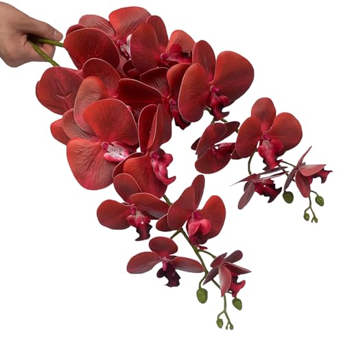 FagusHome Artificial Phalaenopsis Flowers Branches 9 Large Blooms Artificial Orchid Flowers Stem Plants 42 Inches 2 Pcs for Home Wedding Décor (Red) - color: Red