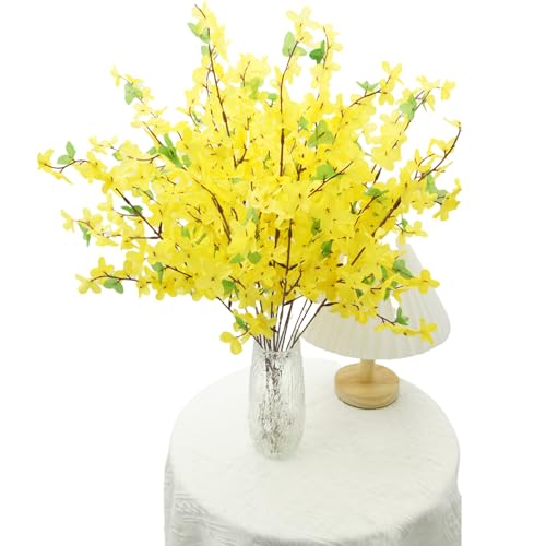 10Pcs Artificial Silk Forsythia Flower Branches Yellow Silk Fake Winter Jasmine Orchids Flowers for DIY Floral Arrangement Wedding Party Home Office Indoor Outdoor Decorate