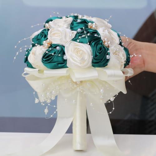 Bridal Wedding Bouquet with Pearl Brooch Bouquet for Bride Bridesmaid Quinceanera Satin Rose Flower Bouquet Wedding Dark Green and Ivory 8.7in - color: Dark Green & Ivory