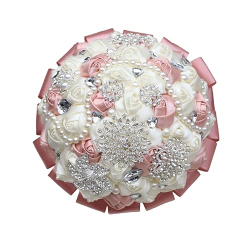 Brooch Wedding Bouquet with Bling Silver Rhinestone Pearl Satin Rose Quinceanera Flower Bouquet Blush Pink and Ivory Bridal Wedding Bouquet for Bride Bridesmaid 7.1in - color: Blush & Ivory, size: Diameter: 7.1 inches