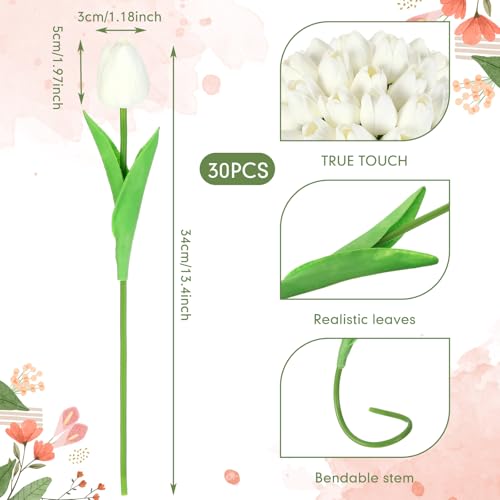 Lyrow 30 Pcs Tulips Artificial Bouquet Flowers Faux Tulips for Home Kitchen Wedding Decorations,Gift Idea for Easter Decor Mother's Day Birthdays(White) - color: White