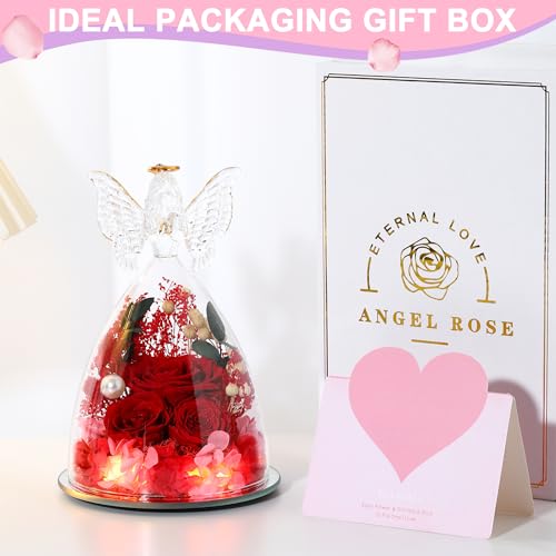 Mothers Day Rose Gifts for Women Preserved Real Flower in Glass Angel Figurines Roses for Delivery Prime Birthday Gifts for Mom Grandma Girlfriend Wife Her, Red Austin Roses - color: Red With Austin Roses