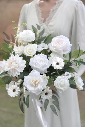Artificial Flowers Roses Fake Flowers with Stems White Dahlia Artificial Flowers for DIY Bridal Bouquets Faux Flowers Centerpieces for Table Home Decor (White) - color: White