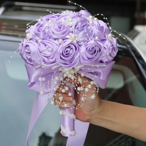 Bridal Wedding Bouquet with Pearl Brooch Bouquet for Bride Bridesmaid Quinceanera Satin Rose Flower Bouquet Wedding Light Purple 8.7in - color: Light Purple