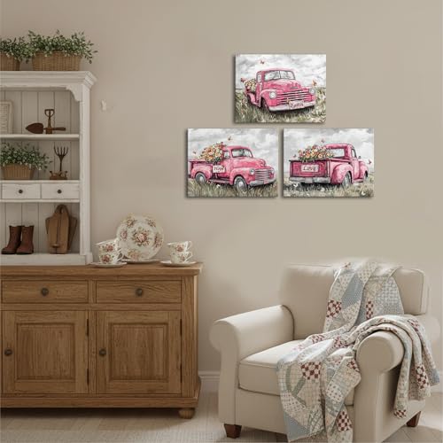 sechars Truck Wall Art Canvas Vintage Farmhouse Decor Faith Hope Love Floral Painting Prints (Pink) - color: Pink