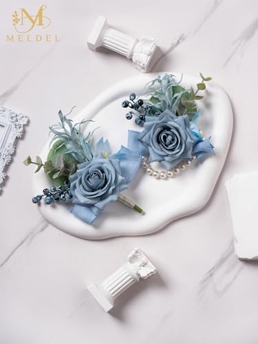 Dusty Blue Corsage and Boutonniere Set, Rose Boutonniere for Men, Prom Flower Wrist Corsage Bracelets, Homecoming Corsages Wristlet, Men Boutonnieres for Wedding Flowers Accessories Prom Suit - color: Blue Wrist Corsage and Boutonniere Set