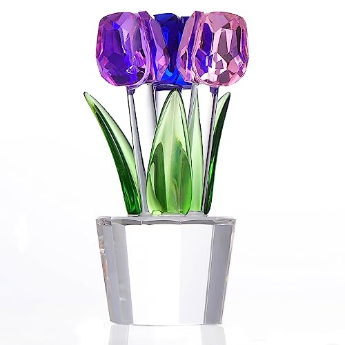 Qianwei Crystal Tulips Flowers Figurine Colorful with Vase - Glass Flower Bouquet Collectible Figurines Crystal Office Home Decor Paperweight - Tulip Gifts for Women Mom Bestfriend Wedding Anniversary - color: Pink Blue Purple Tulip