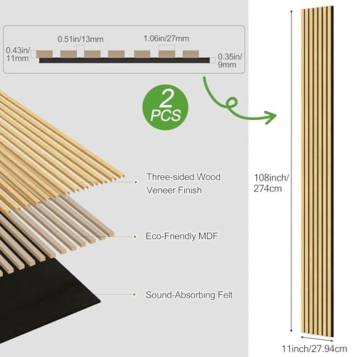 2 Pack Wood Panels for Wall, 108" x 11" Wood Slat Acoustic Panels, Acoustic Wall Panels for Interior Wall Decor, Sound Absorbing Wall Panels for Noise Reduction and Decoration, Cream Oak - color: Cream Oak, size: 2PCS-108" x 11"
