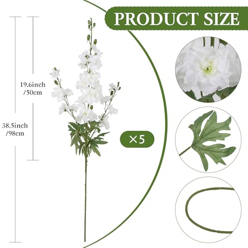White Delphinium Artificial Flowers 5 PCS, 38.5" Tall Flowers for Floor Vase White Delphinium Realistic Artificial Snapdragon for Wedding Centerpiece for Table Home Decor Indoor - color: White