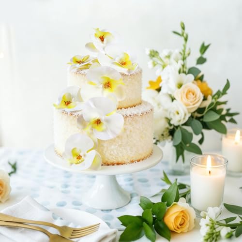 8PCS Artificial Phalaenopsis Cake Toppers Yellow White Butterfly Orchid 3D Flowers Cake Decorations for Floral Wedding Bridal Engagement Women Birthday Mother's Day Party Decoration Supplies - color: Yellow White