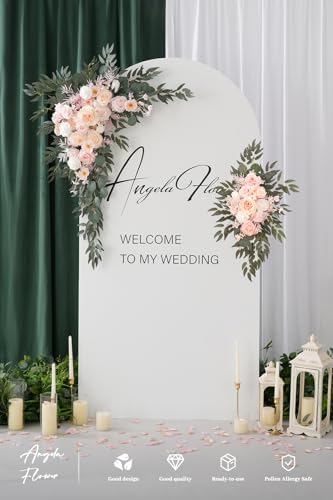 Deluxe Wedding Arch Flowers with Drapes Kit Pack of 4, 2pcs Champagne & Pink Hanging Silk Flowers Arrangement 2pcs Chiffon Drapes for Ceremony Arbor Party Outdoor Decor - color: Champagne & Pink