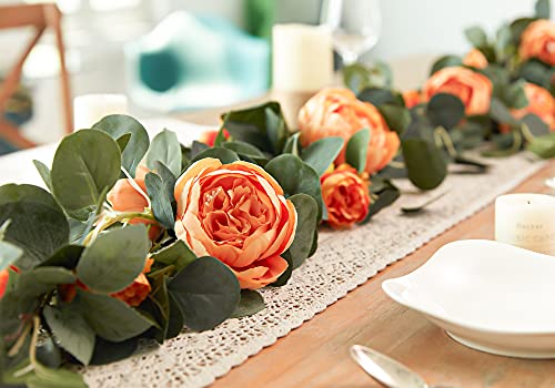 MISSPIN 2pcs Artificial Flowers Garland Spring Eucalyptus Garland Vintage Fake Flower Peony Rose Vine Greenery Decorative Wall Hanging Plant for Wedding Arch Door Arrangement Party Decor - color: Orange,2