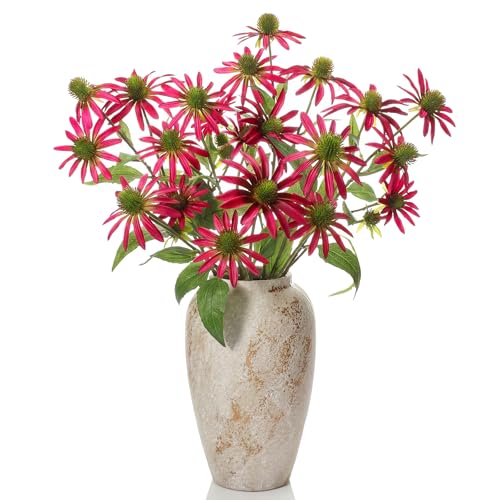 Knitgrip Rose Red 4 Pcs Artificial Coneflowers Stems 29 Inch Faux Echinacea Flowers Branch Realistic Farmhouse Fake Sunflower Floral Bouquet for Home Centerpiece Arrangement Indoor Outdoor Decor - color: Rose Red