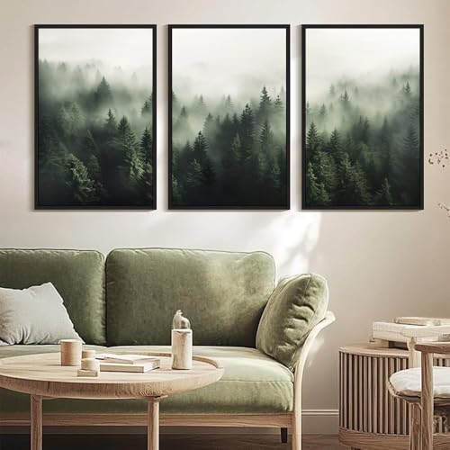 PHOPAGO Green Fog Pine Tree Framed Wall Art Huge 24x36in Nature Misty Nordic Forests Artwork Morden Paints for Living Room Bedroom Decor - Black Framed - color: Green Pine Forest, size: 36L" x 24W" x 3 Pcs Black