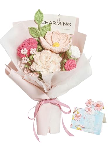Crochet Flower Bouquet Handmade Pink Roses Artificial Flowers with Card Unique Mothers Day Graduation Birthday Gifts for Women Mom Girlfriend Wife Eternal Flores Knitting Decorations Home Decor - color: Pink Rose